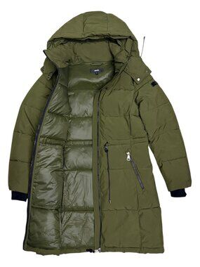 DKNY Designer Casual Green Long Winter Puffer Parka Jacket Coat Womens Small